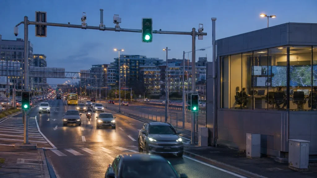 Akıllı trafik sinyalleri ve ulaşım kontrol merkezinin yer aldığı şehir yolu