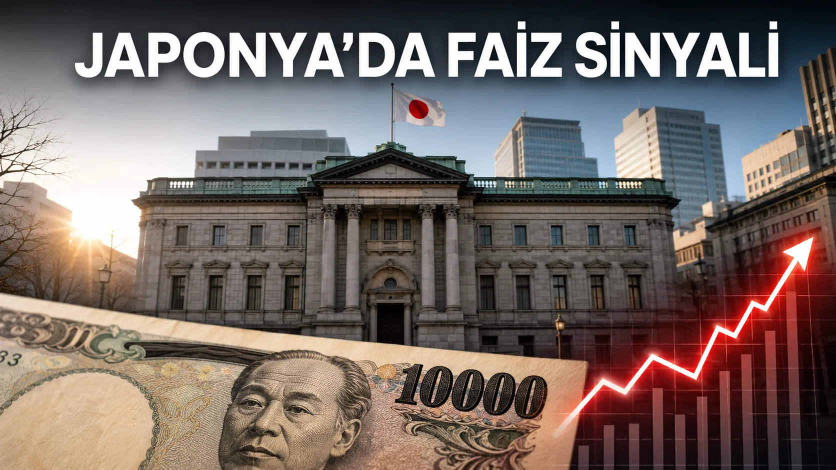 Japonya Merkez Bankası faiz artışı sinyalini gösteren bina, yen ve yükselen grafik