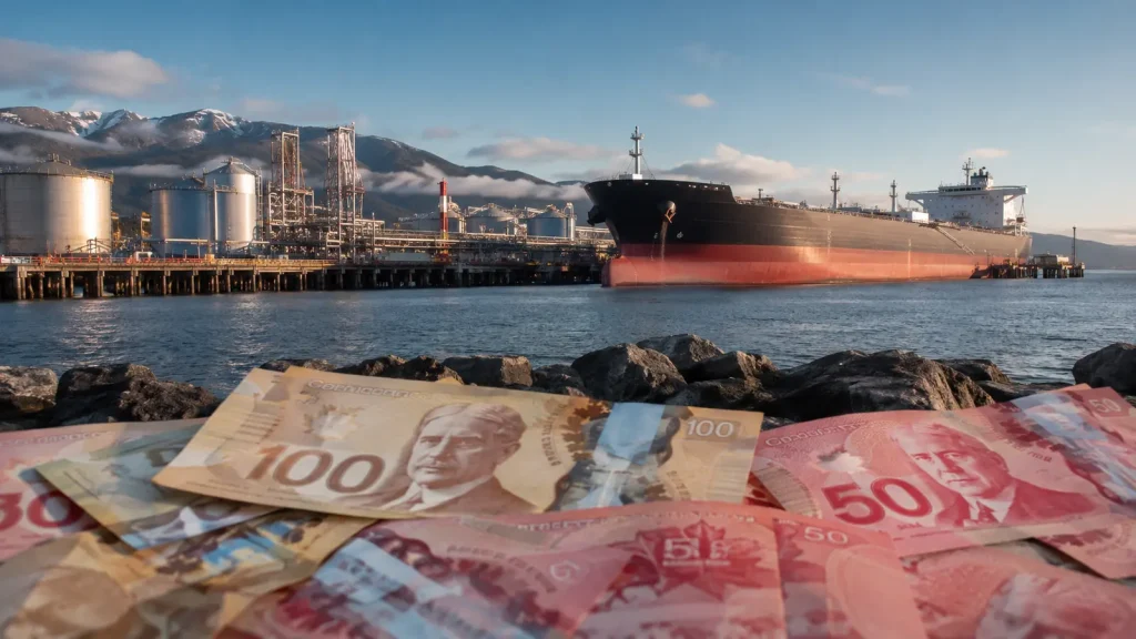 Kanada doları banknotlarının yanında petrol taşımacılığını temsil eden tanker ve liman tesisleri