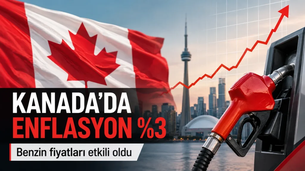 Kanada bayrağı, yüzde 3 enflasyon oranı ve yükselen benzin fiyatlarını temsil eden görsel