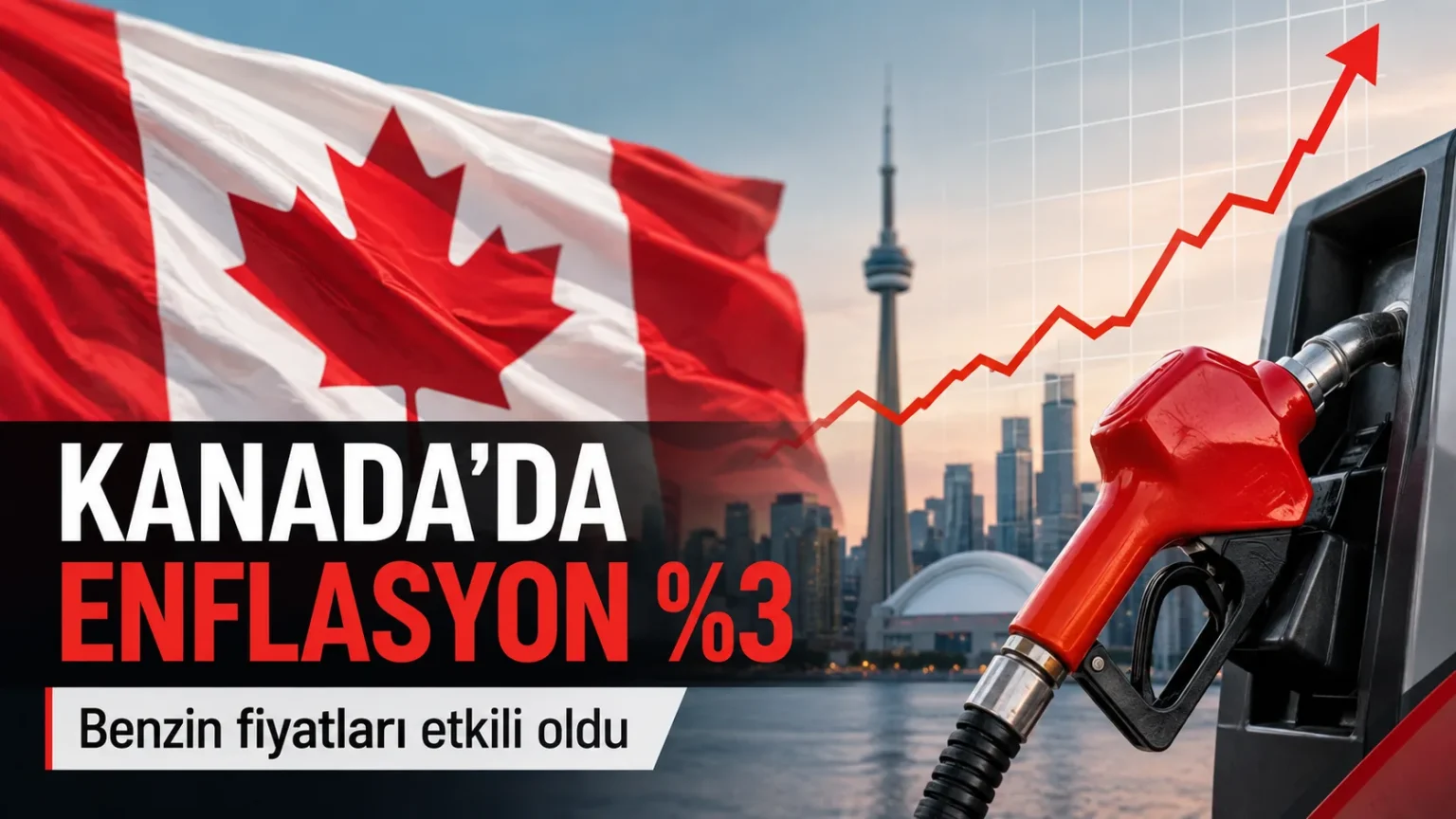 Kanada bayrağı, yüzde 3 enflasyon oranı ve yükselen benzin fiyatlarını temsil eden görsel