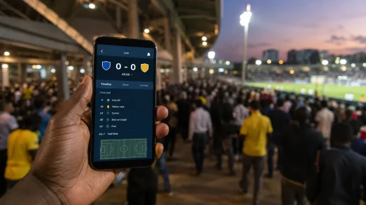 Futbol stadında canlı skor ekranı açık telefonu tutan bir seyirci