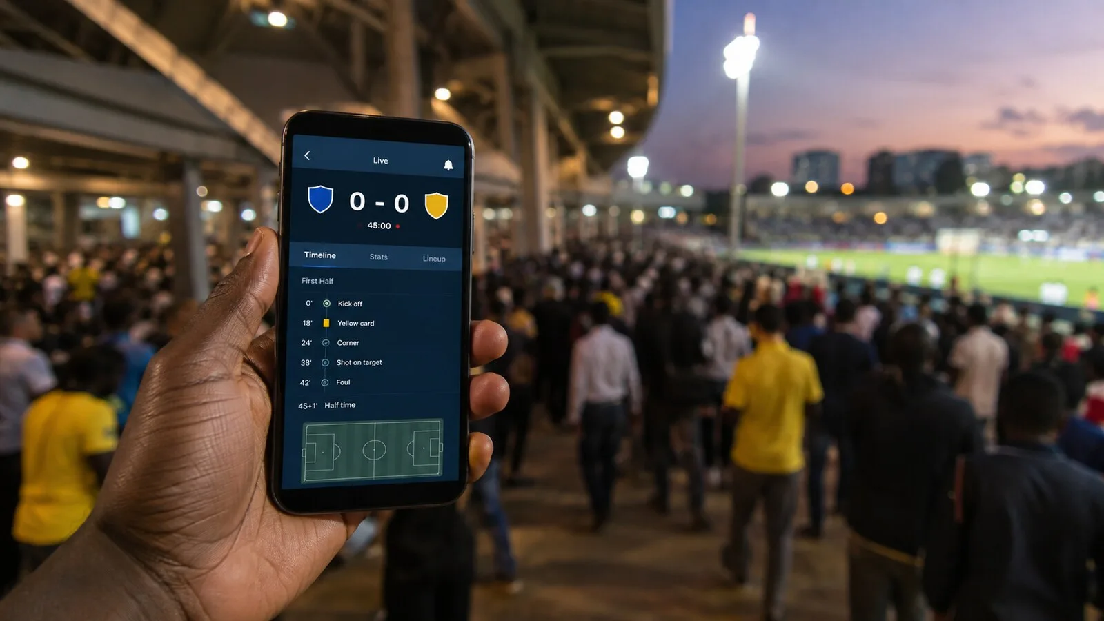 Futbol stadında canlı skor ekranı açık telefonu tutan bir seyirci