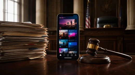 Meta ve TikTok’a yönelik sosyal medya bağımlılığı davalarını temsil eden telefon ekranı ve mahkeme salonu.