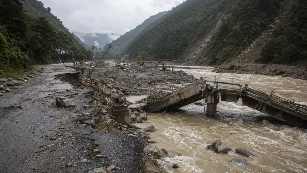 Nepal’de selin yıktığı dağ yolu, çöken köprü, çamurlu nehir ve bölgede çalışan iş makineleri