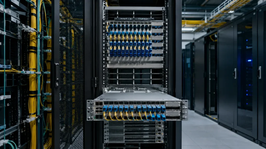 Fiber bağlantılarla donatılmış modern telekomünikasyon sunucu rafları