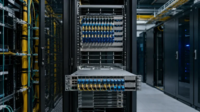 Fiber bağlantılarla donatılmış modern telekomünikasyon sunucu rafları