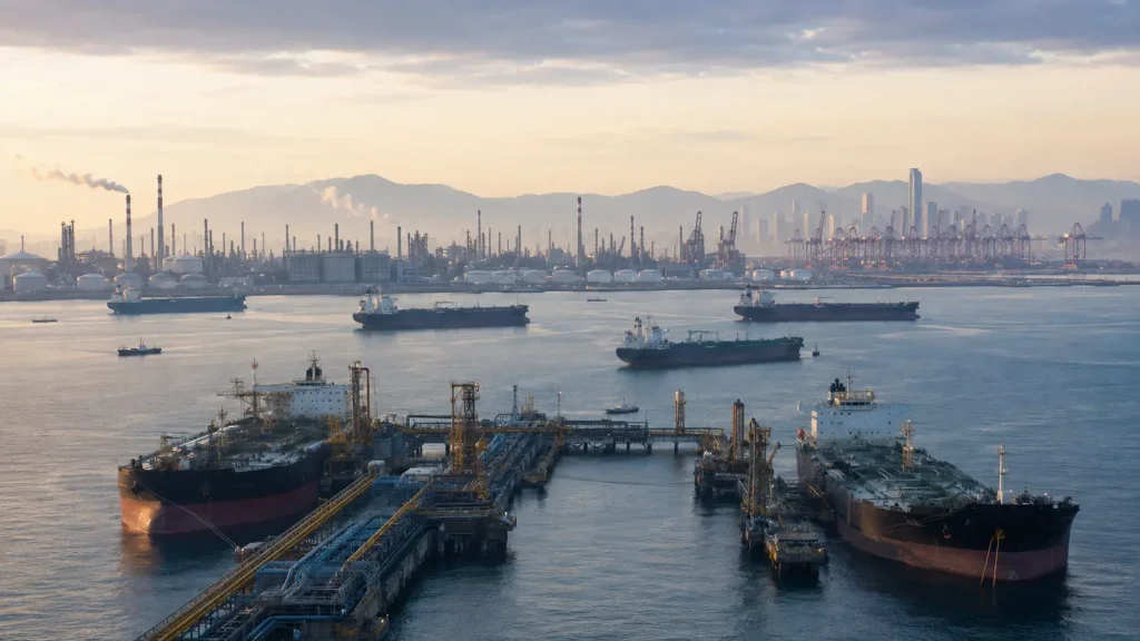 Çin kıyısındaki rafineri ve liman önünde ham petrol tankerleri