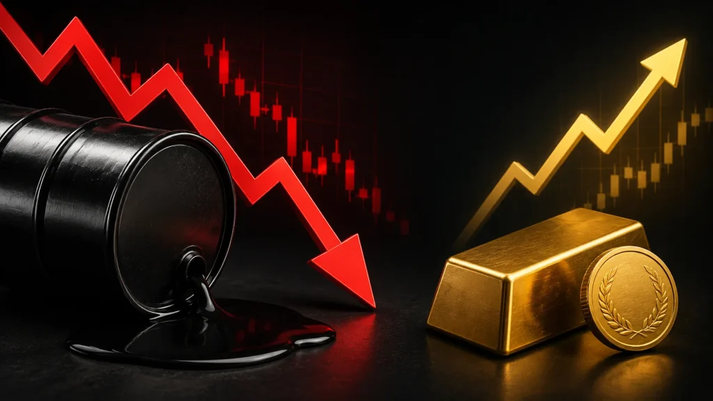 Brent petrolün sert düşerken altın fiyatlarının yükseldiğini anlatan piyasa tasarımı