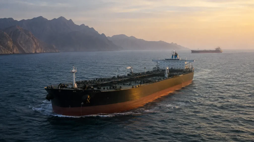 Umman kıyısı açıklarında seyreden büyük bir petrol tankeri ve uzaktaki ikinci tanker