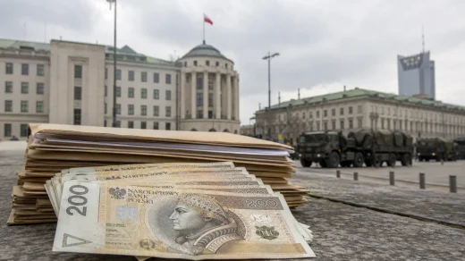 Varşova'da hükümet binaları önünde Polonya zlotisi banknotları ve askeri araç konvoyu