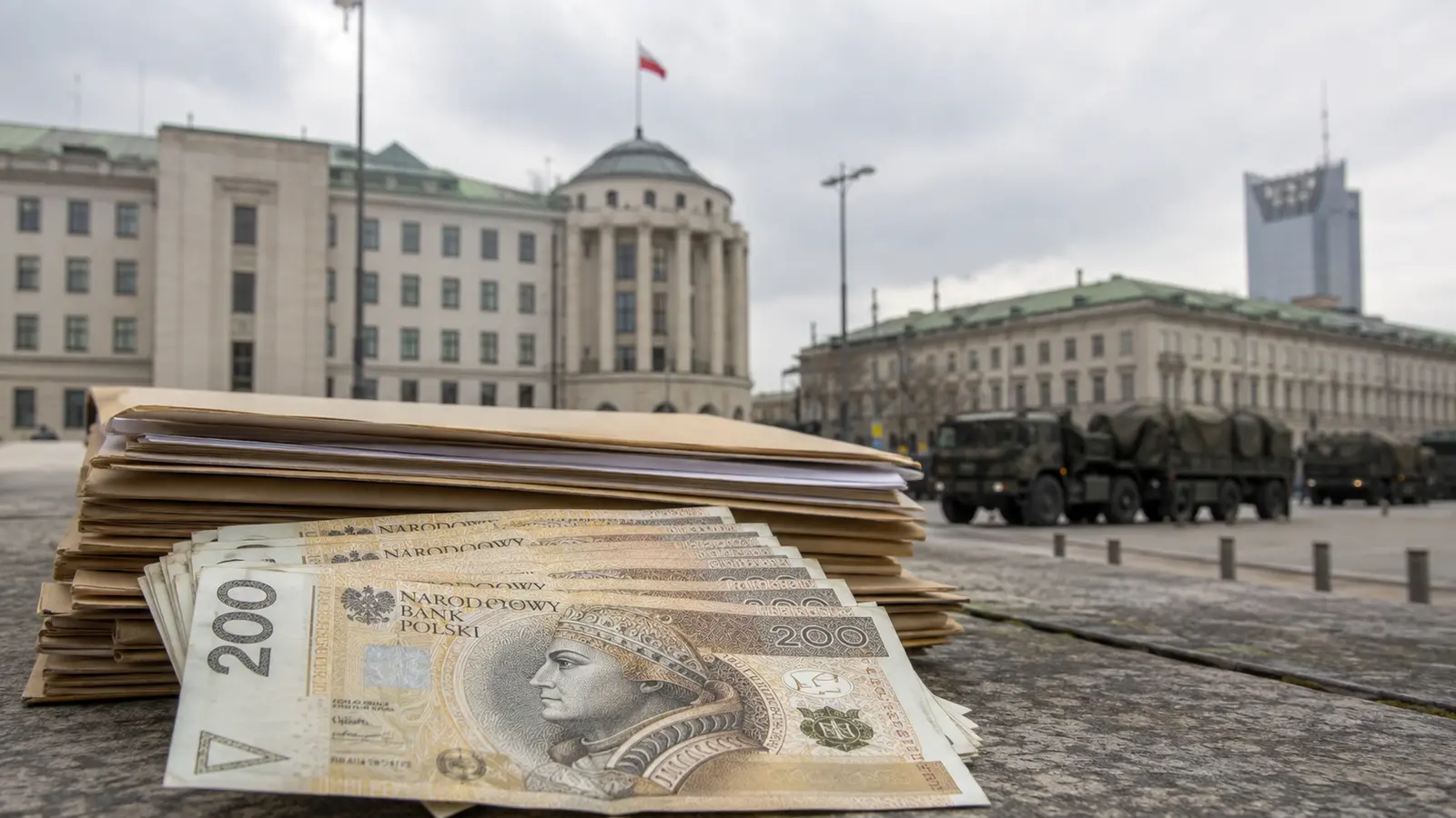 Varşova'da hükümet binaları önünde Polonya zlotisi banknotları ve askeri araç konvoyu