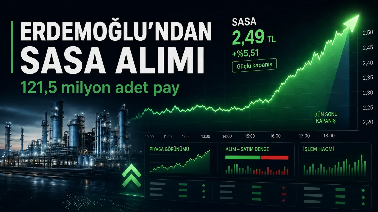 Erdemoğlu Holding’in SASA hisselerinde 121,5 milyon adet pay alımını ve hissedeki güçlü kapanışı gösteren görsel