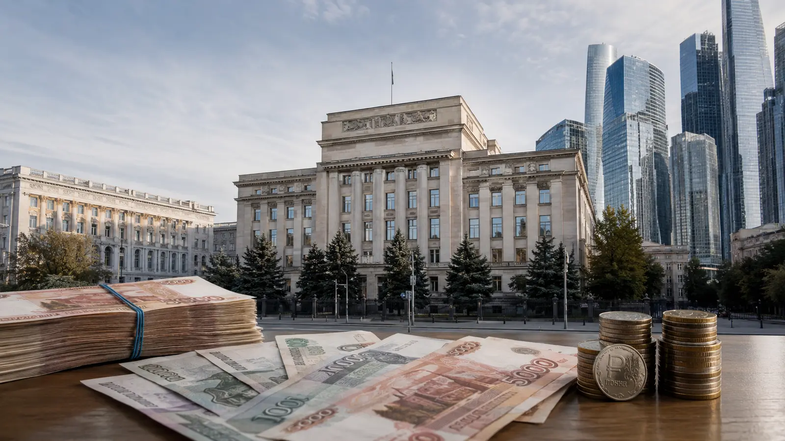 Moskova'daki Rusya Merkez Bankası binası önünde ruble banknotları ve şehir trafiği