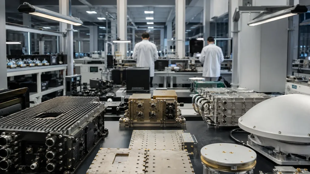 Elektronik modüller ve anten parçalarının bulunduğu modern üretim laboratuvarı
