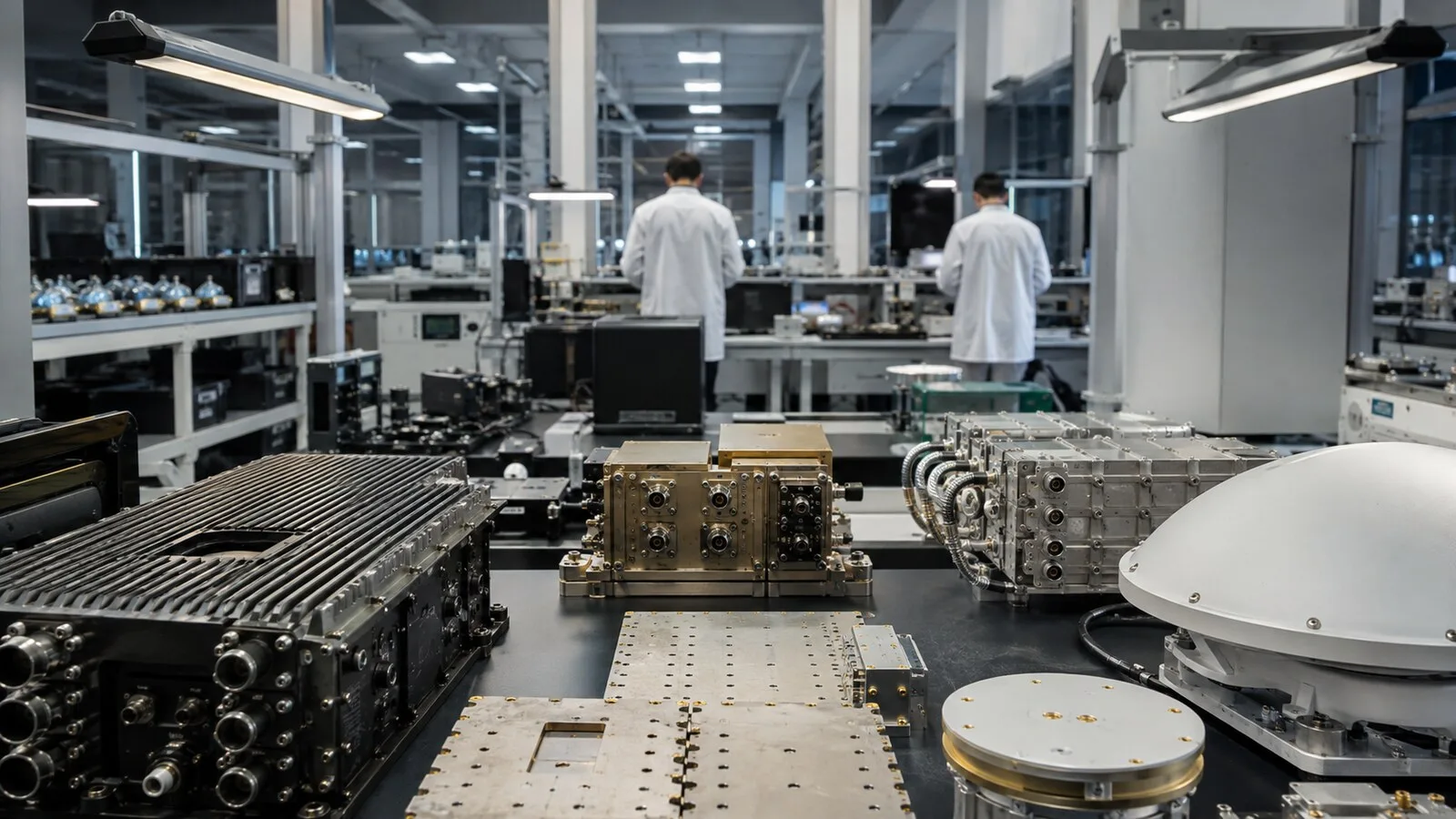 Elektronik modüller ve anten parçalarının bulunduğu modern üretim laboratuvarı