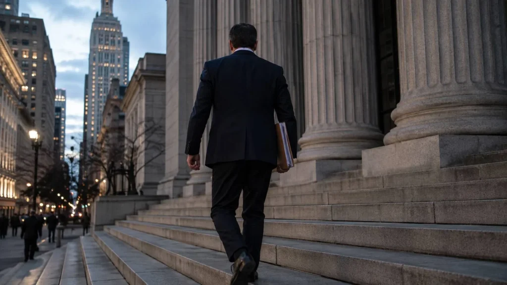 New York’ta sütunlu bir finans mahkemesi binasının merdivenlerinde dosya taşıyan anonim bankacı
