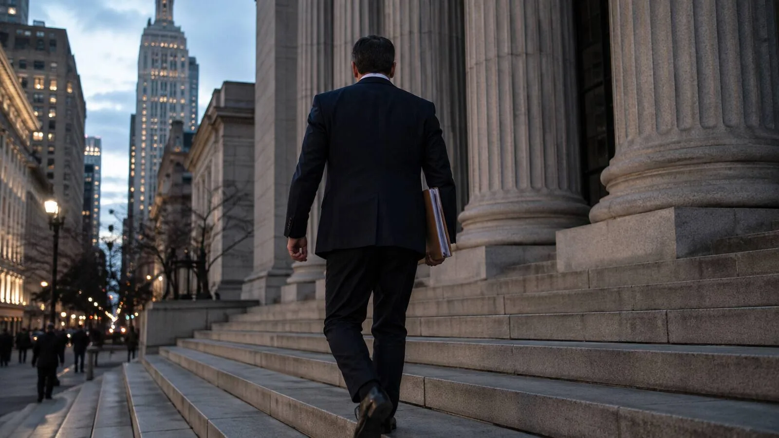 New York’ta sütunlu bir finans mahkemesi binasının merdivenlerinde dosya taşıyan anonim bankacı