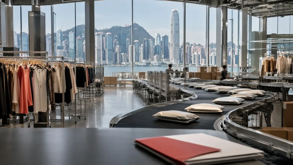 Hong Kong silüetine bakan moda ürünleri deposunda giysi askıları ve paket taşıma bantları