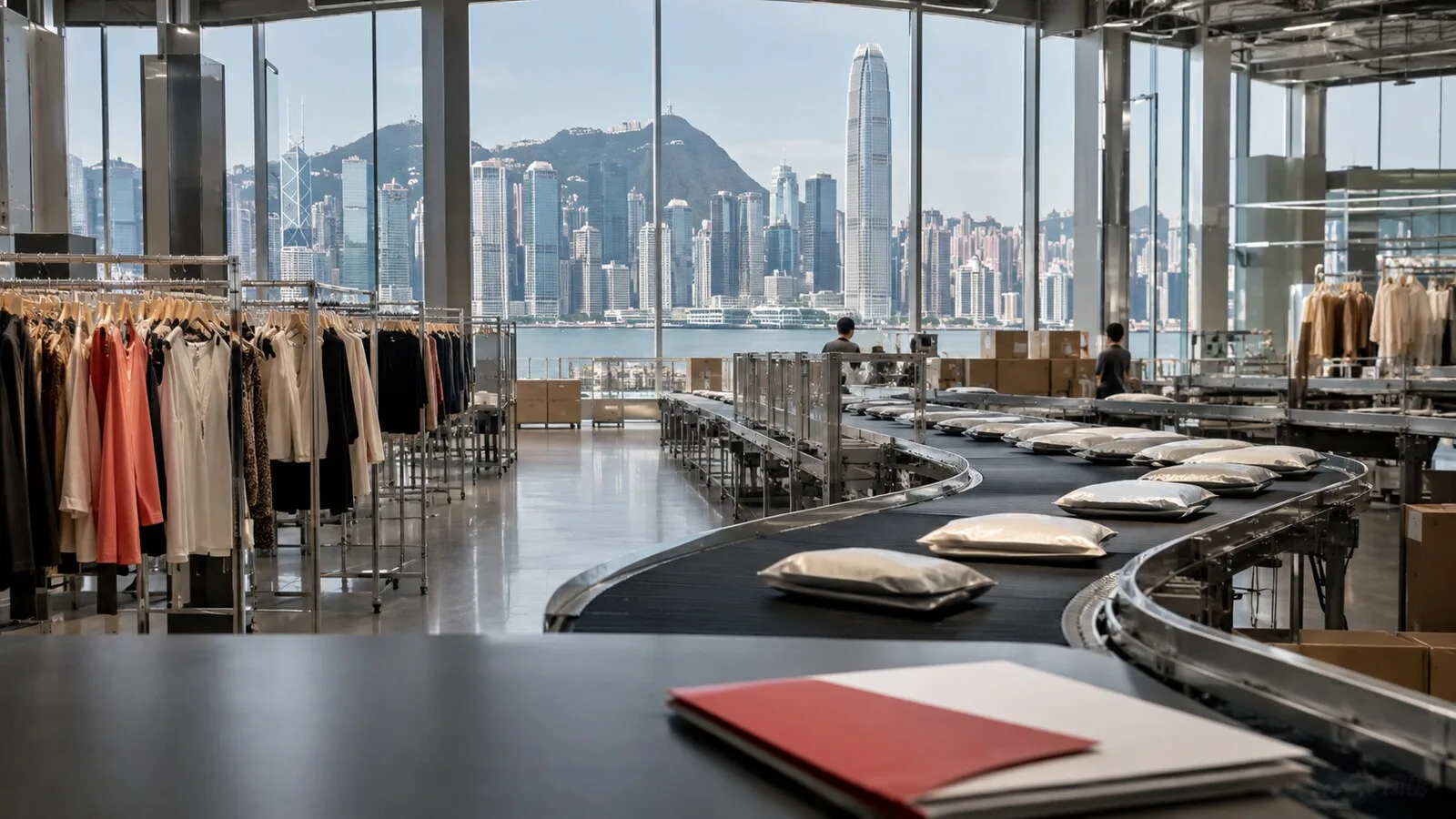 Hong Kong silüetine bakan moda ürünleri deposunda giysi askıları ve paket taşıma bantları