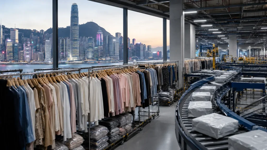 Hong Kong silüeti önündeki moda ürünleri deposu ve paket taşıma bandı