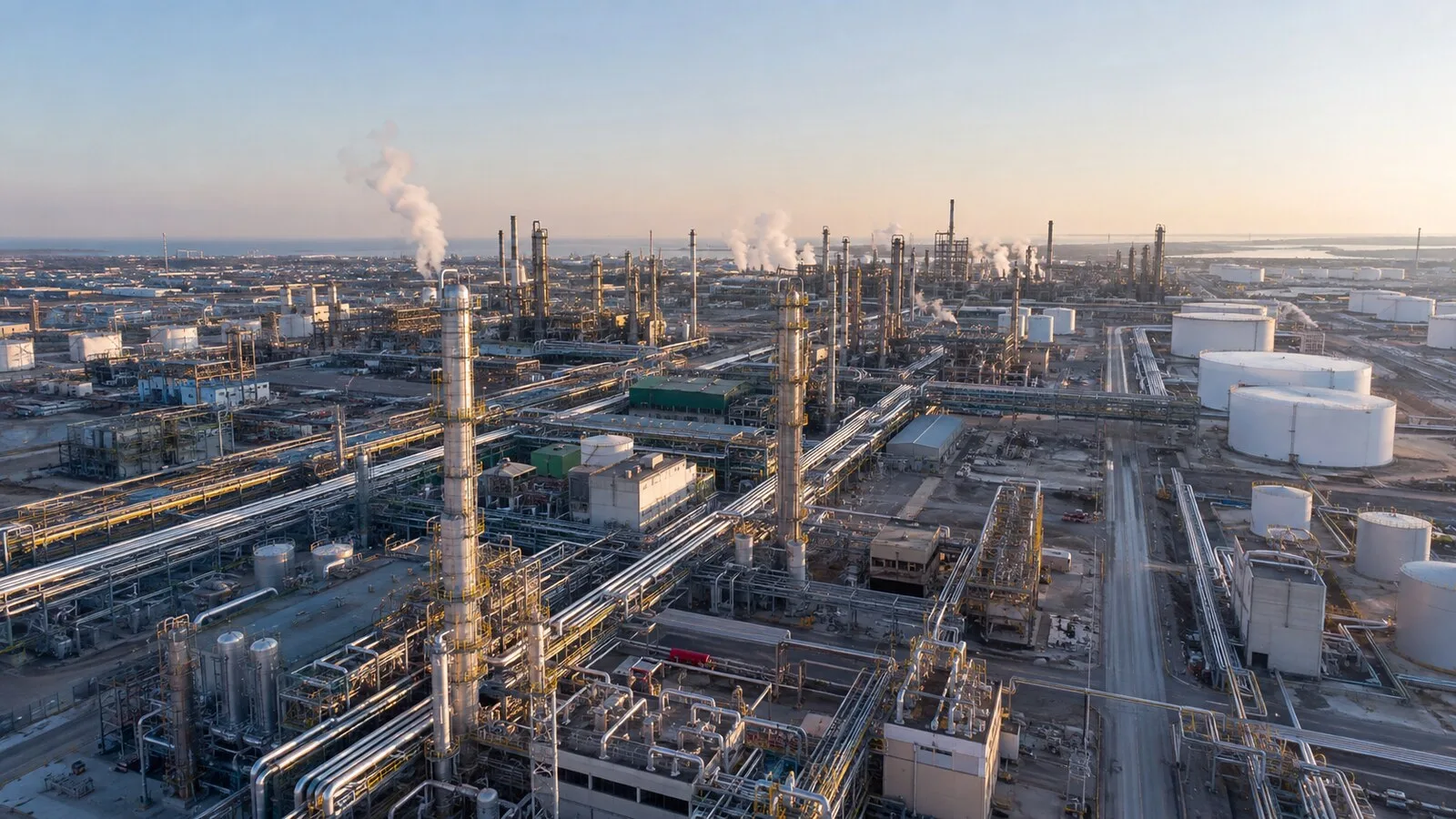 Boru hatları, üretim kuleleri ve depolama tanklarından oluşan büyük petrokimya tesisi