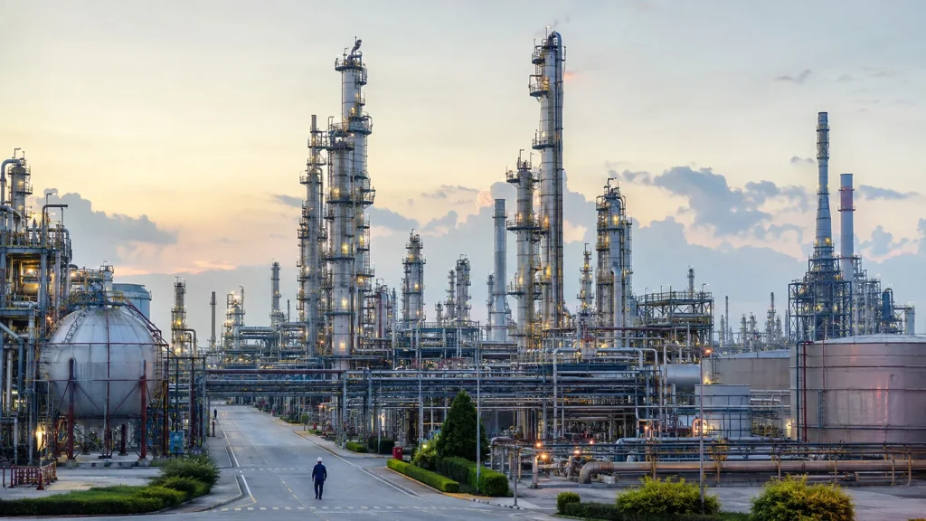 Gün doğumunda boru hatları, depolama tankları ve damıtma kuleleri bulunan geniş petrol rafinerisi