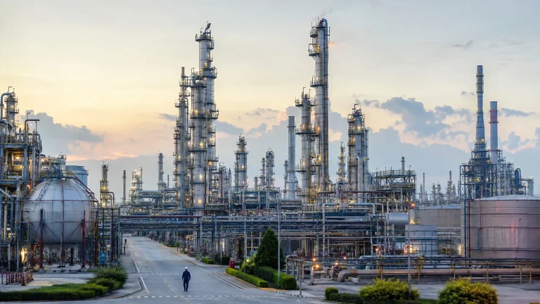 Gün doğumunda boru hatları, depolama tankları ve damıtma kuleleri bulunan geniş petrol rafinerisi