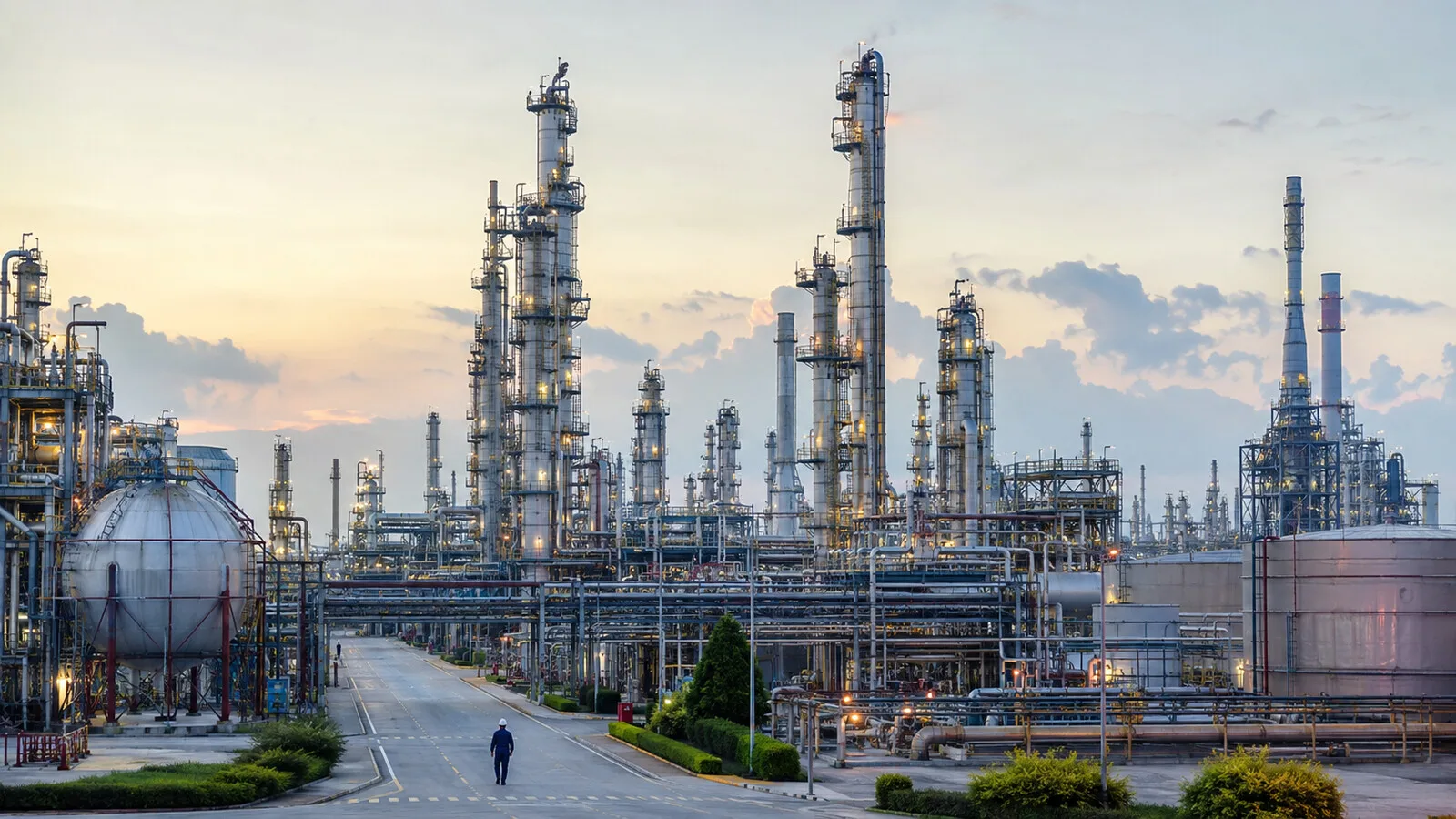 Gün doğumunda boru hatları, depolama tankları ve damıtma kuleleri bulunan geniş petrol rafinerisi