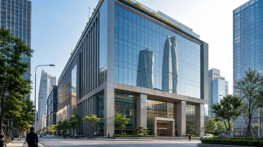Vietnam’daki modern finans bölgesinde cam cepheli, isimsiz bir banka genel merkezi