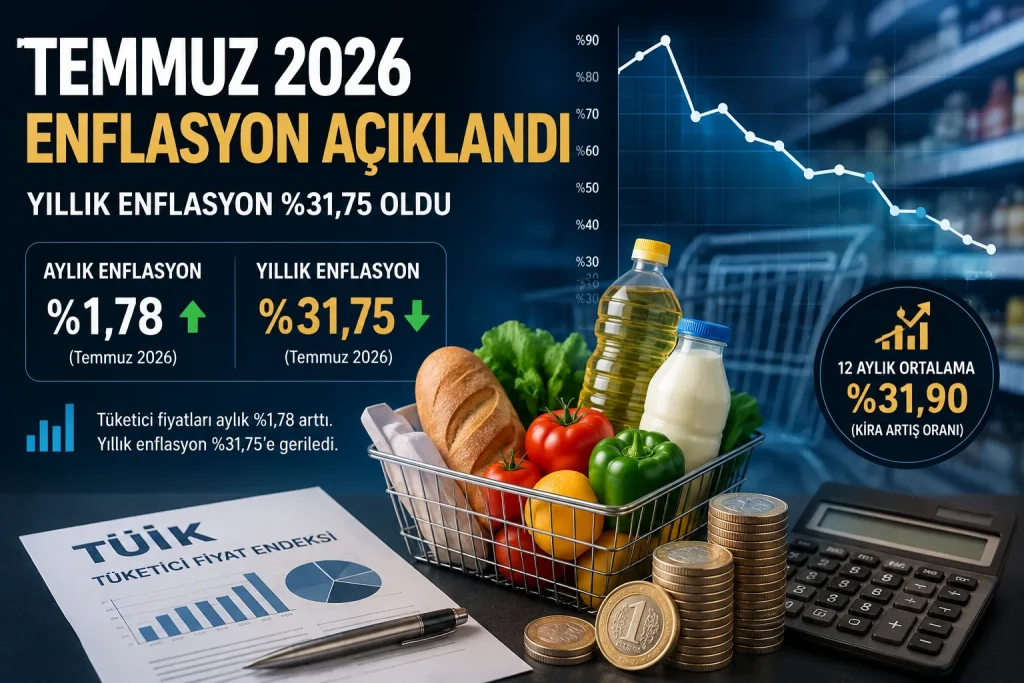 Temmuz 2026 enflasyonunun aylık yüzde 1,78, yıllık yüzde 31,75 ve 12 aylık ortalamada yüzde 31,90 olduğunu gösteren market sepeti temalı görsel