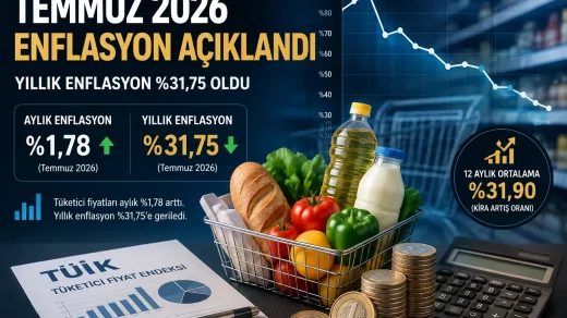 Temmuz 2026 enflasyonunun aylık yüzde 1,78, yıllık yüzde 31,75 ve 12 aylık ortalamada yüzde 31,90 olduğunu gösteren market sepeti temalı görsel