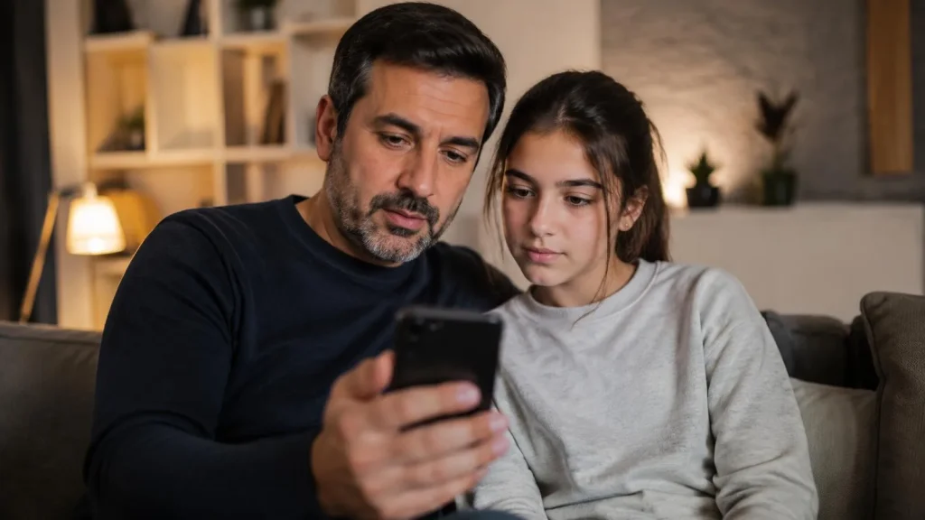 Bir ebeveyn ile genç, akıllı telefondaki gizlilik ayarlarını birlikte inceliyor