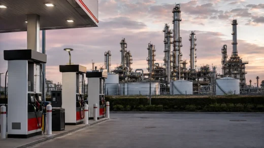 ABD’de büyük bir petrol rafinerisi ile ön plandaki akaryakıt istasyonu pompaları