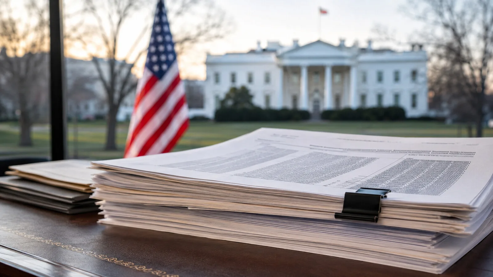 Beyaz Saray önünde masaya yerleştirilmiş kalın finansal bildirim dosyaları ve Amerikan bayrağı