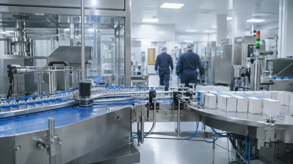 İlaç flakonları ve kutuların ilerlediği modern farmasötik üretim hattı