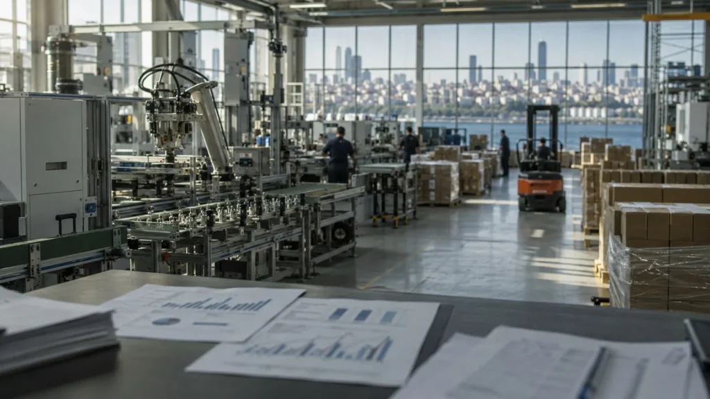 İstanbul manzaralı modern fabrikada üretim hattı, paketlenmiş ürünler ve uzaktaki çalışanlar