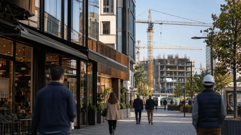 Mağazaların bulunduğu bir ticaret caddesi ve arka planda vinçlerle devam eden inşaat