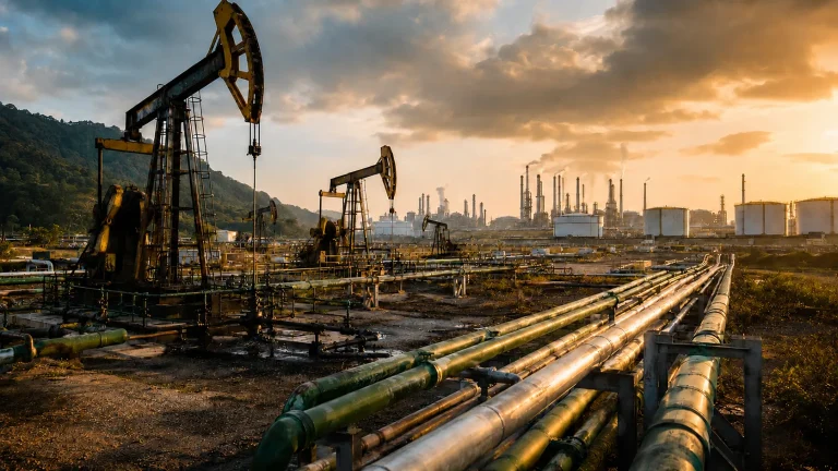 Petrol sahasındaki pompalar, boru hatları ve uzaktaki rafineri tesisleri