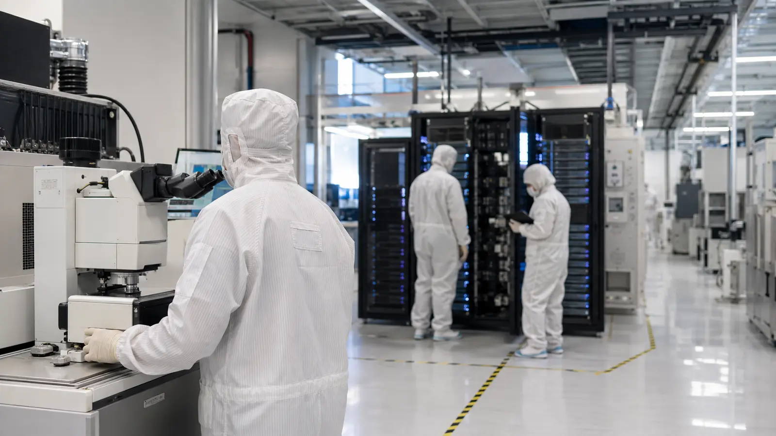 Vietnam'daki modern elektronik üretim tesisinde yarı iletken ekipmanlarını inceleyen teknisyenler