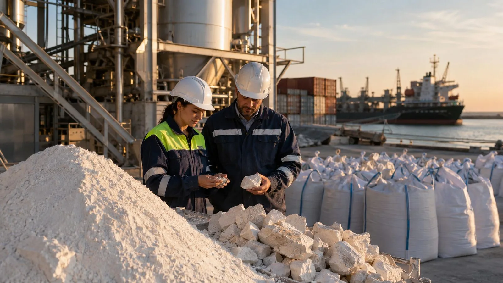 Liman yakınındaki mineral işleme tesisinde ürün numunelerini inceleyen iki çalışan