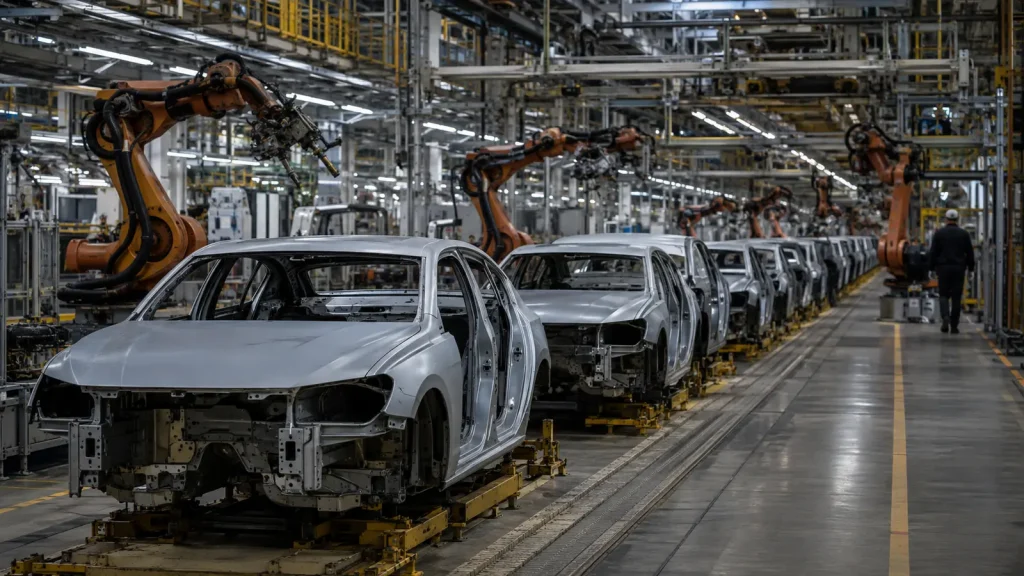 Modern bir otomobil fabrikasında üretim hattında sıralanan tamamlanmamış araçlar ve robot kollar