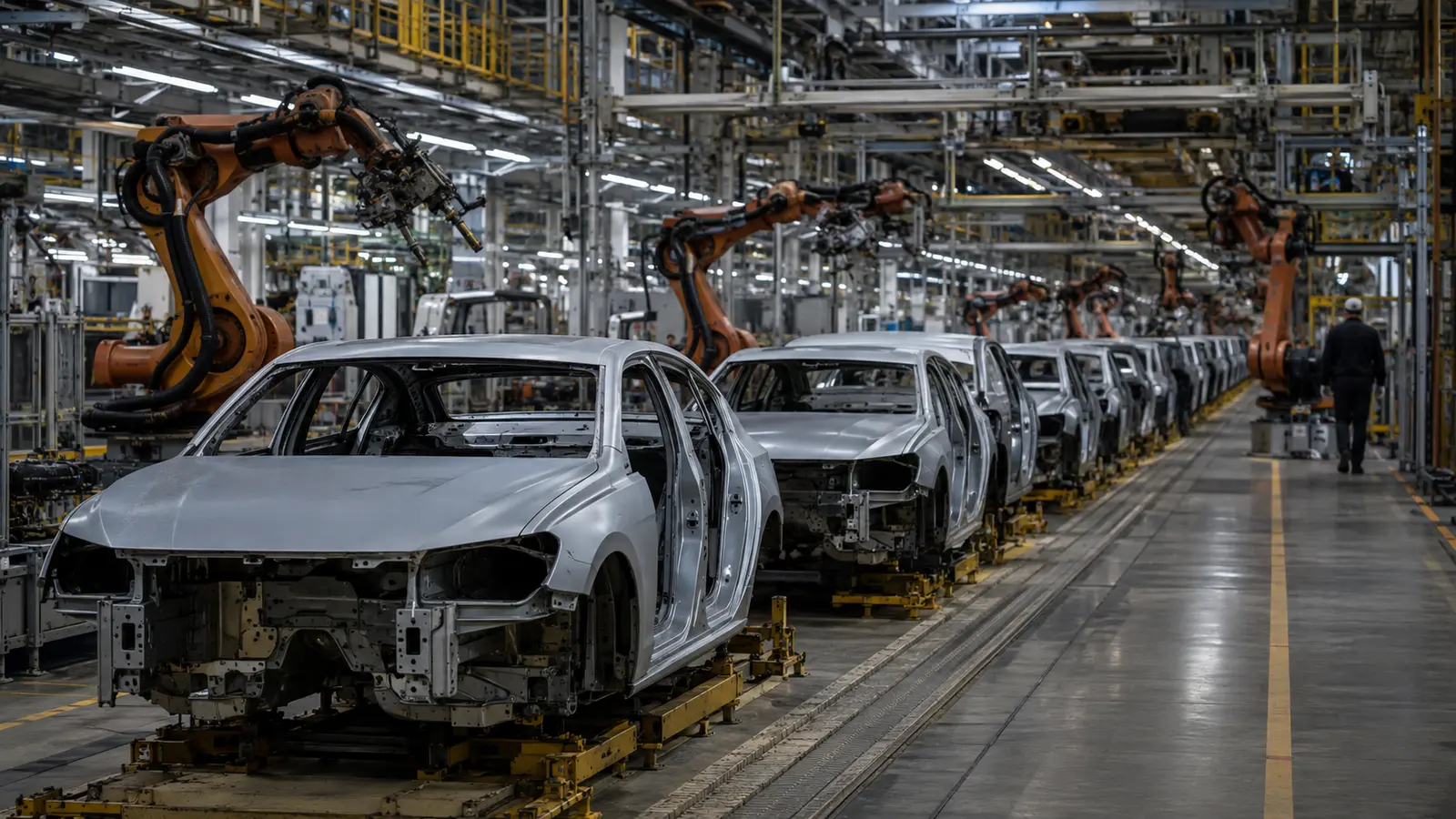 Modern bir otomobil fabrikasında üretim hattında sıralanan tamamlanmamış araçlar ve robot kollar
