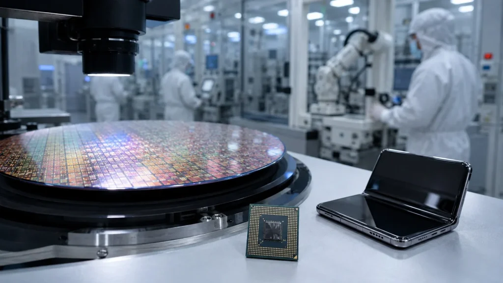 Yarı iletken temiz odasında silikon plaka, işlemci ve katlanabilir telefon prototipi