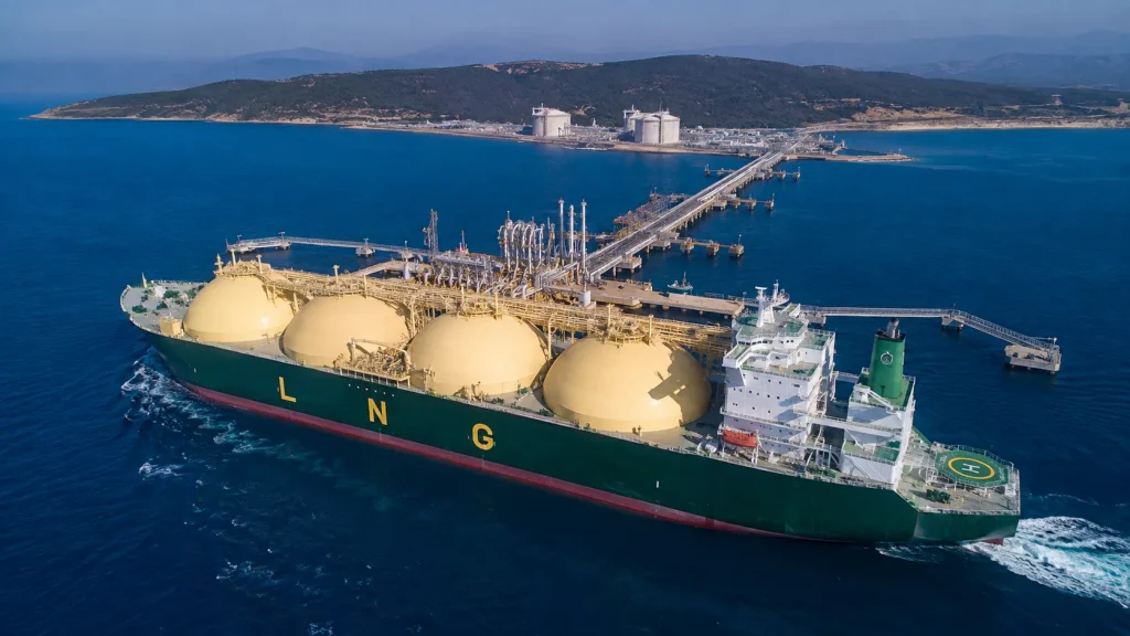 Deniz kıyısındaki enerji terminaline yanaşan büyük bir LNG gemisinin havadan görünümü