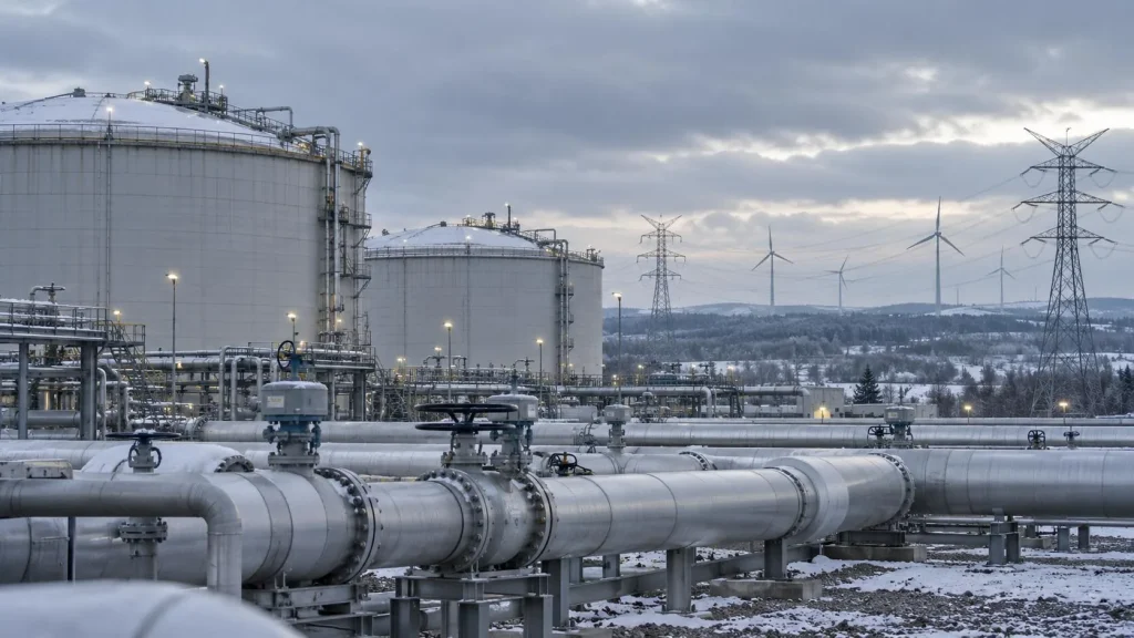 Karla kaplı doğal gaz tankları, boru hatları, elektrik hatları ve rüzgâr türbinleri