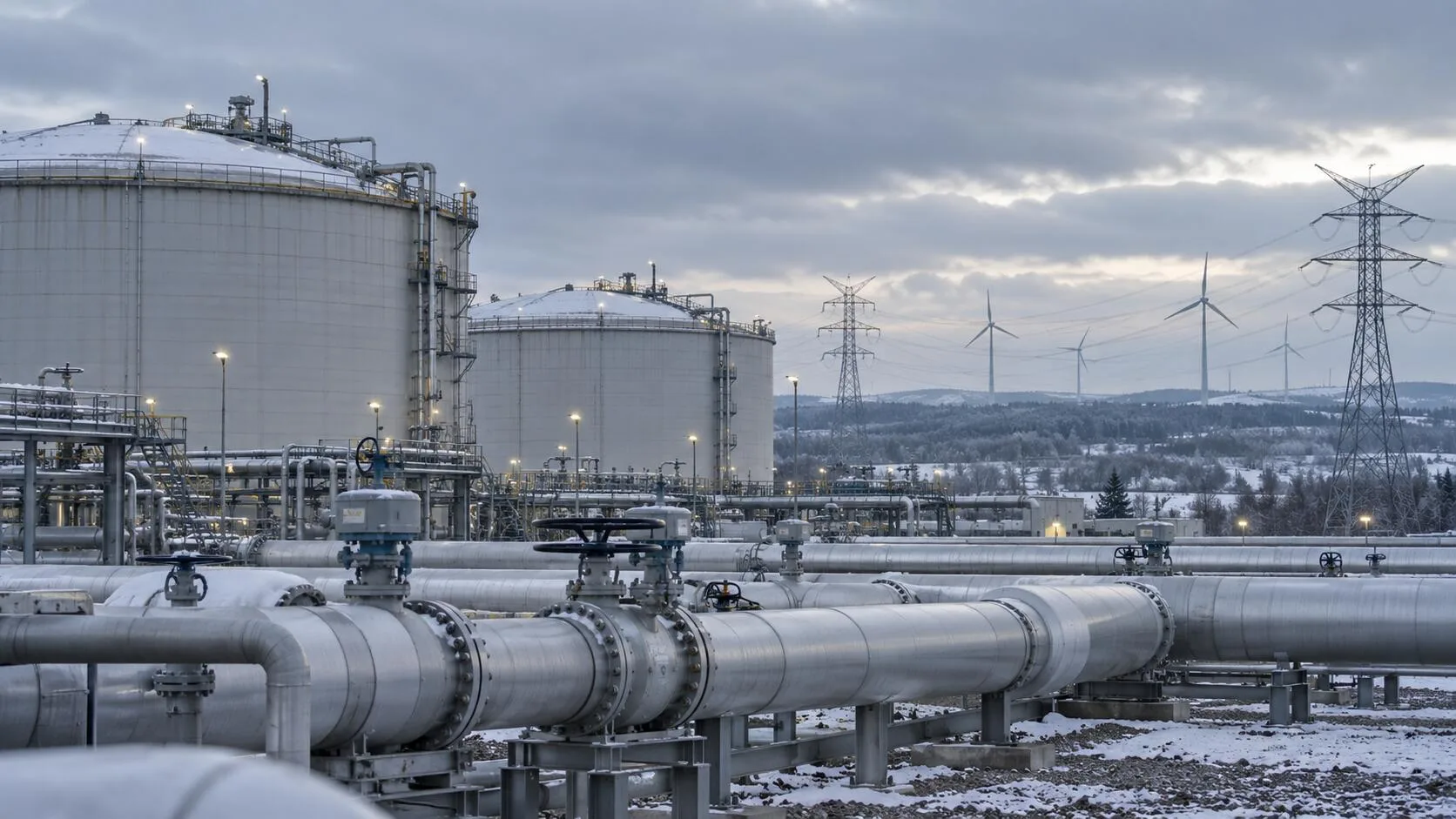 Karla kaplı doğal gaz tankları, boru hatları, elektrik hatları ve rüzgâr türbinleri