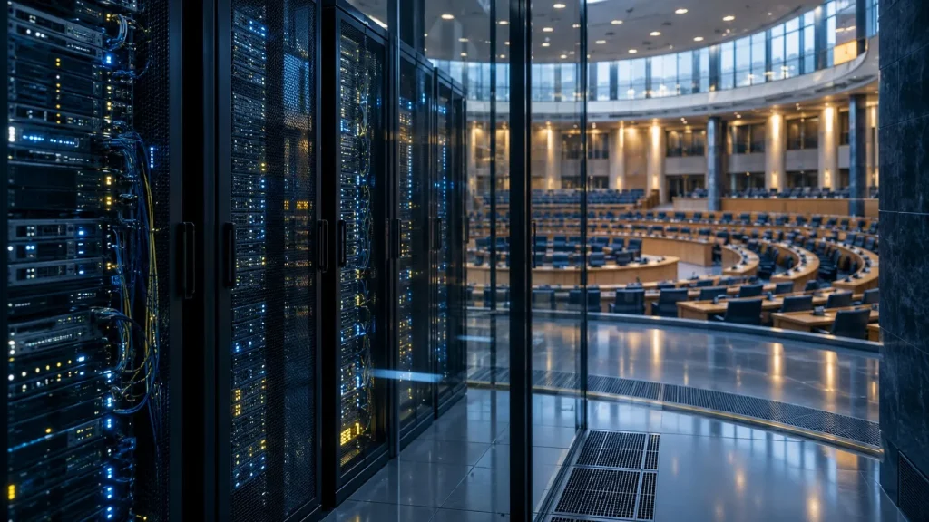 Cam bölmenin iki yanında sunucu rafları ile yarım daire biçimli boş parlamento salonu