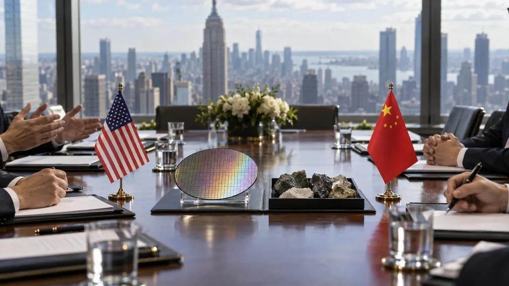 ABD ve Çin bayrakları arasında çip levhası ve mineral örnekleri bulunan toplantı masası