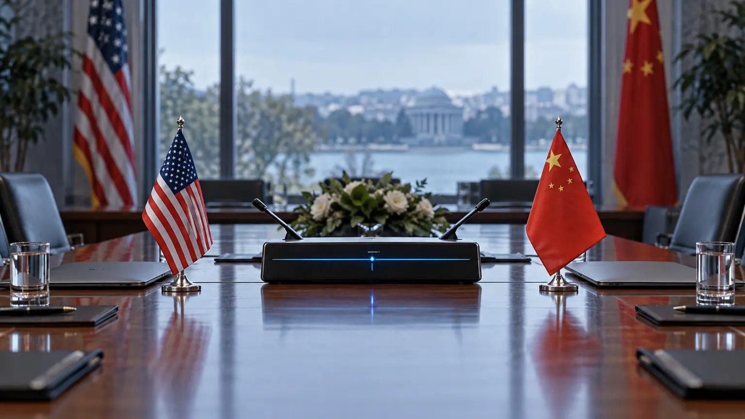 ABD ve Çin bayraklarının bulunduğu diplomatik toplantı masasındaki güvenli iletişim cihazı